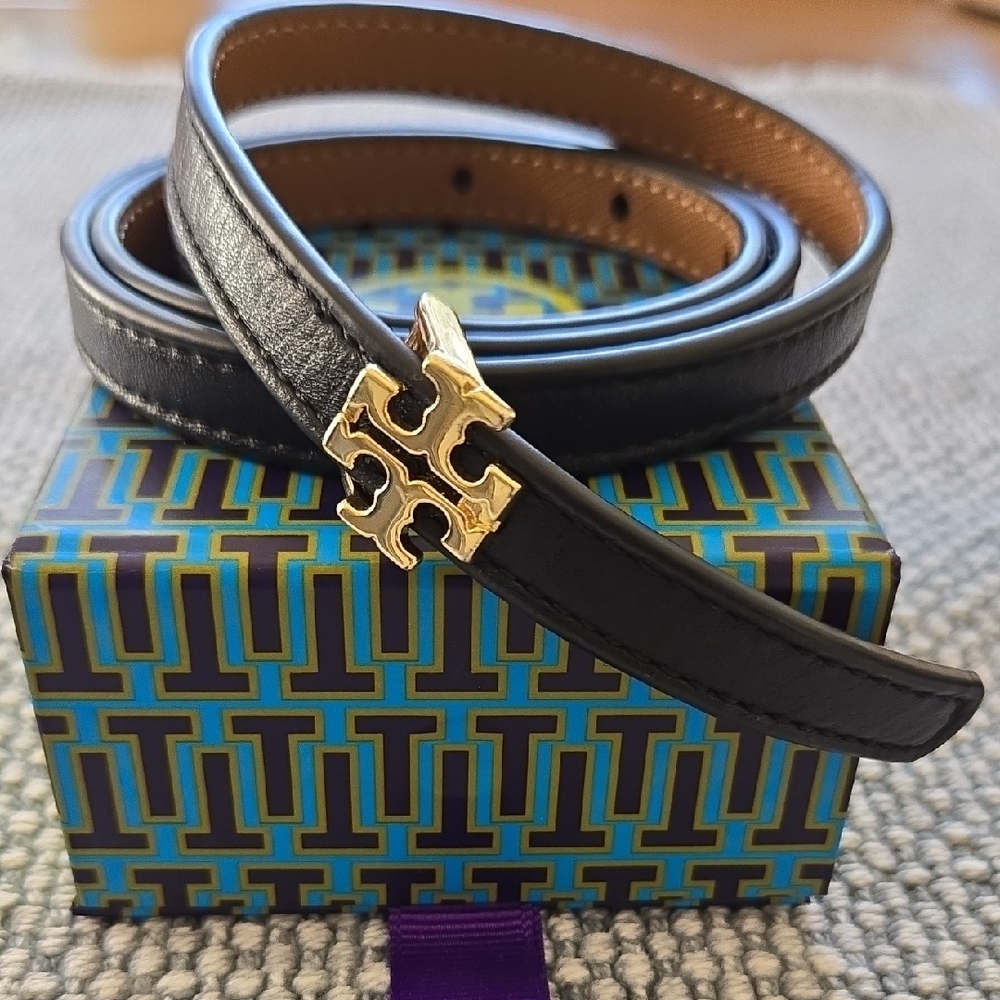 Tory Burch Black and Gold Leather Reversible 1/2 Waist Belt XS